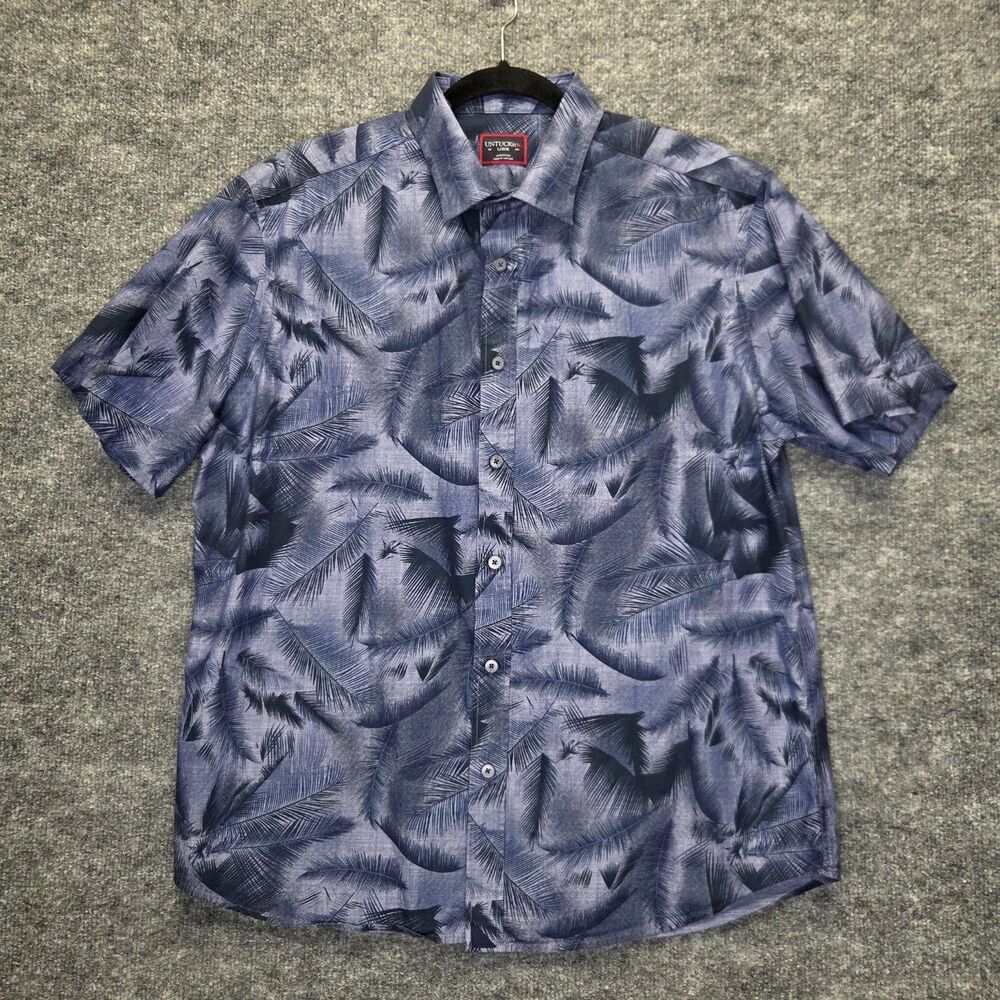 UNTUCKit Shirt Mens Large Blue Cotton Palm Leaf Print Short Sleeve Button Up